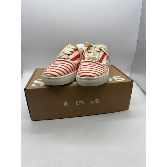 Soludos Marin Striped Sneaker Poppy Red Size 11 Woven Lace Up Ortholite Footbed - Picture 2 of 9
